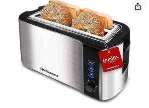 lot 62237 image: Elite Gourmet ECT-3100 Long Slot 4 Slice Toaster, Reheat, 6 Toast Settings, Defrost, Cancel Functions, Built-in Warming Rack, Extra Wide Slots for Bagels & Waffles, Stainless Steel & Black