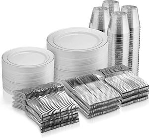lot 60177 image: 600 Piece Silver Dinnerware Set -100 Silver Rim 10 inch Plastic Plates 100 Silver Rim 7 Inch Plates -300 Silver Plastic Silverware -100 Silver Plastic Cups -100 Guest Disposable Silver Dinnerware Set