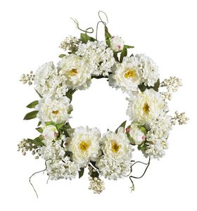 lot 43019 image: Nearly Natural 4690 Peony Hydrangea Wreath, 20-Inch, White-Retail-$102.99