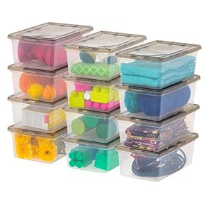 lot 43056 image: IRIS USA 6.7 Qt. Plastic Storage Container Bin with Latching Lid, Stackable Nestable Shoe Box Tote Shoebox Closet Organization School Art Supplies - ClearSmoke, 12 Pack