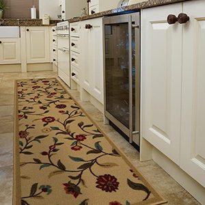 lot 43062 image: Machine Washable Floral Leaves Design Non-Slip Rubberback 2x7 Traditional Runner Rug for Hallway, Kitchen, Bedroom, Living Room, 110 x 7, Beige