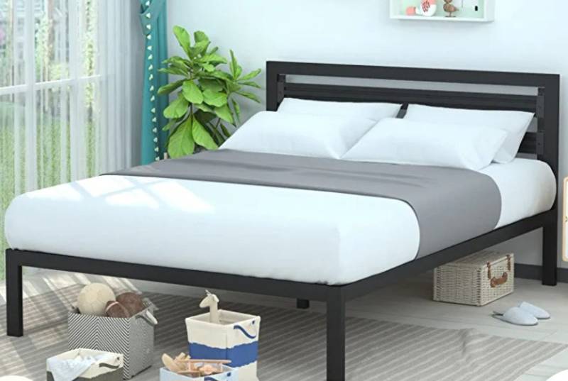 lot 16263 image: Amazon Basics Metal Bed with Modern Industrial Design Headboard - 14 Inch Height for Under-Bed Storage - Wood Slats - Easy Assemble, Full, Black