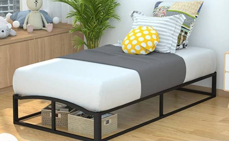 lot 16265 image: Amazon Basics Metal Platform Bed Frame with Wood Slat Support, 10 Inches High, Twin, Black
