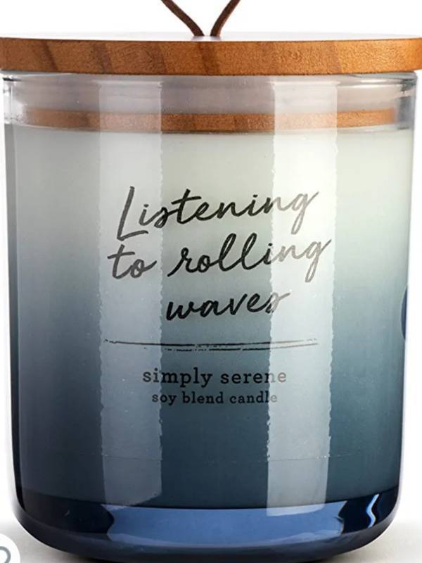 lot 400018 image: Demdaco Rolling Waves Blue 10 Ounce Soy Blend Wax Jar Candle, Simply Serene Retail $32.99