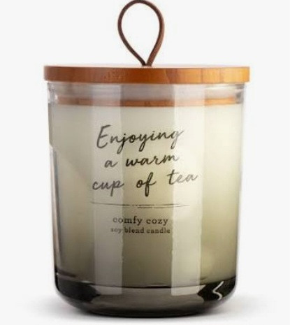 lot 400034 image: DEMDACO ENJOYING A WARM CUP OF TEA 10 OUNCE SOY BLEND WAX JAR CANDOR RETAIL $ 32.99