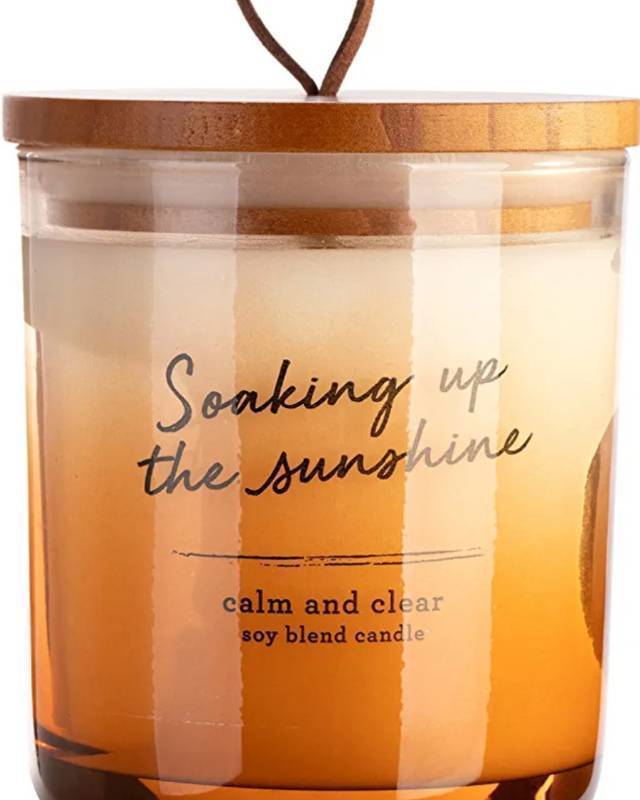 lot 400042 image: Demdaco Sunshine Orange 10 Ounce Soy Blend Wax Jar Candle, Calm and Clear Retail $32.99