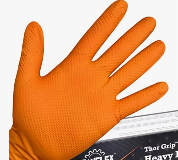 lot 400176 image: TITANflex Thor Grip Heavy Duty Industrial Orange Nitrile Gloves with Raised Diamond Texture, 8-mil, Latex Free, 50-ct Box Size XL