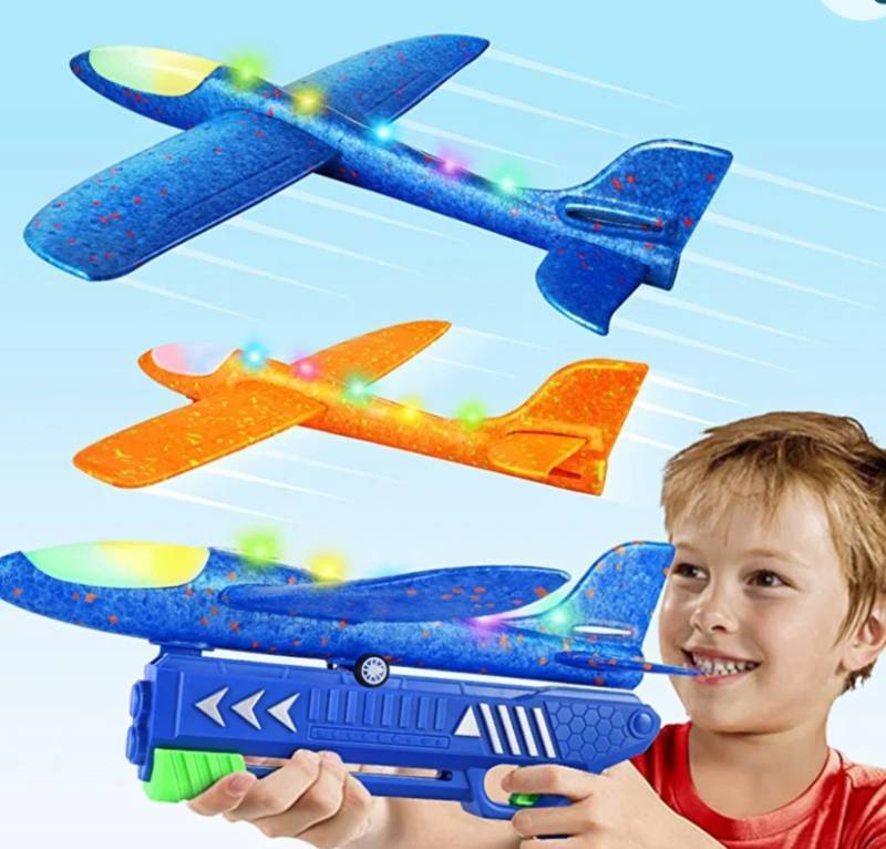 lot 400185 image: 17.5 Airplane Toys with Launcher, 2 Flight Modes LED Foam Glider Catapult Plane Toy, Outdoor Flying Toys for 4 5 6 7 8 9 10 Year Old Boys Girls, Toy for Boys Age 4-5 6-8(2 Pack)