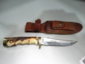 lot 23055 image: Schrade Super Sharp 153UH Knife  Uncle Henry GOLDEN SPIKE w Sheath