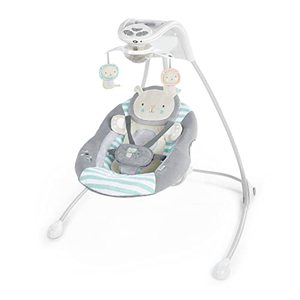 lot 52109 image: Ingenuity InLighten 6-Speed Baby Swing - Easy-Fold Frame, Swivel Infant Seat, Nature Sounds, Light Up Mobile - Landry the Lion (Grey)