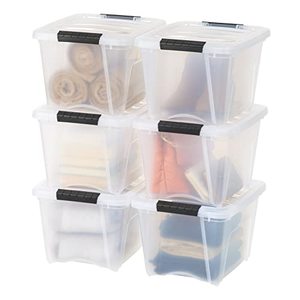 lot 52126 image: IRIS USA 19 Qt. Plastic Storage Container Bin with Secure Lid and Latching Buckles, 6 pack 4 Lids - Clear, Durable Stackable Nestable Organizing Tote Tub Box Toy General Organization Small