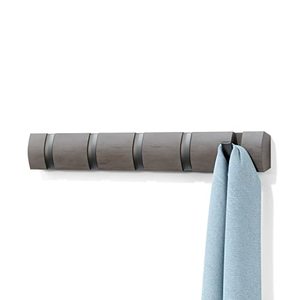 lot 52133 image: Umbra Flip 5-Hook Wall Mounted Coat Rack, Modern, Sleek, Space-Saving Coat Hanger with 5 Retractable Hooks to Hang Coats, Scarfs, Purses and More, Grey Pewter