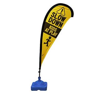 lot 52188 image: Teardrop Banner Flag Safety Sign with Fiberglass Poles and Weighted Base for Yards and Driveways -Kids at Play, Yellow
