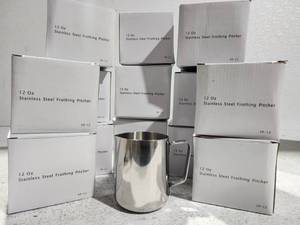 lot 12668 image: Lot of 23 Pinch (FP-12) 12 oz Stainless Steel Frothing Pitchers