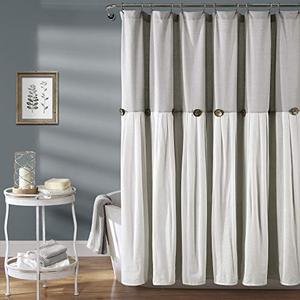 lot 46000111 image: Lush Decor Linen Button Farmhouse Shower Curtain Pleated Two Tone Design for Bathroom, 72 x 72, Gray & White