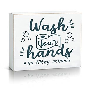lot 46000131 image: Putuo Decor Funny Bathroom Box Sign, Farmhouse Shelf Decor Sign for Kitchen, Rustic Home Desk Decorations Accessories Art, 4.7 x 5.9 Inches - Wash Your Hands