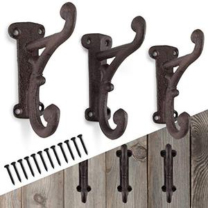 lot 46000132 image: Rustic Cast Iron Coat Hooks (3 Pack) Wall Mounted Farmhouse Decorative Wall Hooks, Vintage Hooks for Hanging Coats, Bags, Hats, Towels (Rustic Dark Brown Patina, Includes Hardware)