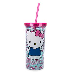 lot 46000134 image: Sanrio Hello Kitty Bows and Hearts Carnival Cup with Reusable Straw and Leakproof Lid  Plastic Cold Cup for Boba Milk Tea Beverages, Home & Kitchen Essentials  Cute Kawaii Gifts  Holds 20 Ounces