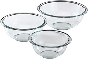 lot 46000222 image: Pyrex Smart Essentials 3-Piece Prepware Mixing Bowl Set, 1-Qt, 1.5-Qt ,and 2.5-Qt Glass Mixing Bowls, Dishwasher, Microwave and Freezer Safe