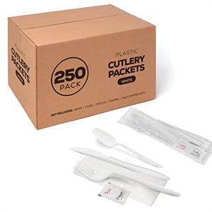lot 46000240 image: 250 Plastic Cutlery Packets - Knife Fork Spoon Napkin Salt Pepper Sets  White Plastic Silverware Sets Individually Wrapped Cutlery Kits, Bulk Plastic Utensil Cutlery Set Disposable To Go Silverware