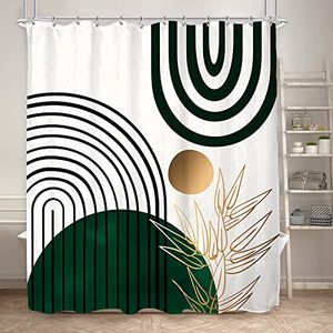 lot 46000269 image: KOMLLEX Green Chic Abstract Shower Curtain for Bathroom Decor 72Wx84H Inches Mid Century Boho Leaves Tropical Modern Geometric Simple Minimalist Fancy Fabric Waterproof Polyester