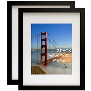 lot 46000469 image: 8x10 Picture Frame Picture Frames Set of 2 Display Pictures 5x7 with Mat or 8x10 Without Mat Real Glass and Composite Wood for Wall or Tabletop Display Pre-Installed Wall Mounting Hardware Black