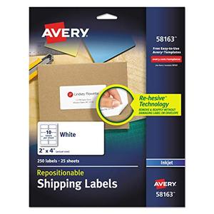 lot 46000471 image: Avery Repositionable Shipping Labels for Inkjet Printers 2 x 4, Box of 250 (58163), White