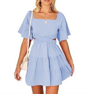 lot 46000141 image: Shy Velvet Womens Summer Dress Square Neck Short Sleeves Crossover Waist Casual Party Mini Dress Blue Size Small