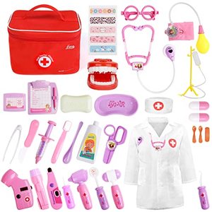 lot 46000285 image: Medical Kit for Kids - 35 Pieces Doctor Pretend Play Equipment, Dentist Kit for Kids, Doctor Play Set with Gift Case (Pink-Purple)