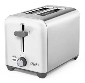 lot 46000321 image: BELLA 2 Slice Toaster, Quick & Even Results Every Time, Wide Slots Fit Any Size Bread Like Bagels or Texas Toast, Drop-Down Crumb Tray for Easy Clean Up, Stainless Steel and White