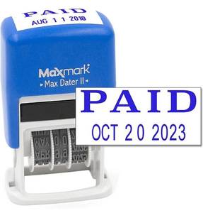 lot 46000325 image: MaxMark Self-Inking Rubber Date Office Stamp with Paid Phrase & Date - Blue Ink (Max Dater II), 12-Year Band