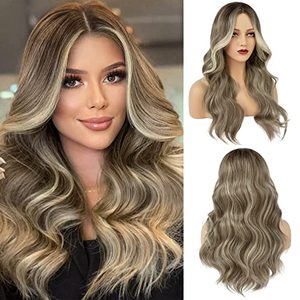 lot 46000339 image: LONAI Long Wavy Blonde Wig with Money Piece for Women Ash Brown with Blonde Highlights Wig Synthetic Hair Piece for Daily Use Party