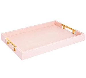 lot 46000348 image: Home Redefined Modern Elegant 18x12 Rectangle Baby Pink Tray Glossy Shagreen Decorative Ottoman Coffee Table Perfume Dresser Kitchen Serving Tray with Gold Polished Metal Handles for All Occasions