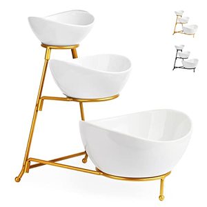lot 46000425 image: LAUCHUH 3 Tier Serving Stand Chip and Dip Serving Set Pocerlain Oval Bowl Set with Stand White Serving Bowl for Mothers Day Gifts Entertaining Tiered Tray Decor for Countertop Gold