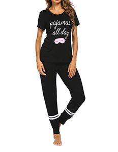 lot 46000434 image: Ekouaer Pajamas Set Womens Two-Piece Pj Sets Round Neck Sleepwear Soft Loungewear Pattern Pj Sets Black Gift for Her Large