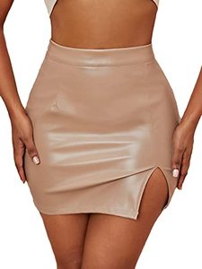 lot 46000372 image: SheIn Womens High Waisted Faux Leather Bodycon Split Slim Mini Pencil Skirt Champagne Medium