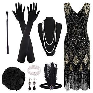 lot 46000376 image: PLULON 1920s Sequin Beaded Fringed Flapper Dress with Accessories Set Black and Gold