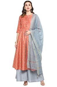 lot 46000377 image: Janasya Indian Womens Peach Poly Silk Kurta with Palazzo and Dupatta(J0002-SKD-XL)