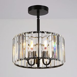 lot 46000385 image: Modern Crystal Ceiling Light Fixture,Industrial 3 Lights Close to Ceiling Light,13 Round E12 Base Semi Flush Mount Hanging Pendant Light for Dining Room,Hallway,Bedroom,Bathroom,Living Room,(Black).