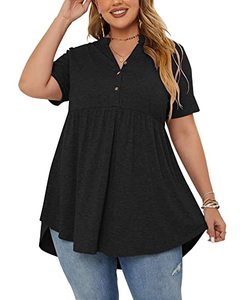 lot 46000394 image: PLOKNRD Workout Tops Women Casual Summer Short Sleeve V Neck T Shirts Pleat Blouse Black 14w