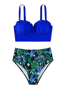 lot 46000398 image: SweatyRocks Womens Two Piece Boho Swimsuit Printed Frill Trim Push Up High Waisted Bikini Set Royal Blue L