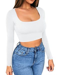 lot 46000487 image: Artfish Womens Sexy Cropped Shirts Long Sleeve Square Scoop Neck Fitted Basic Crop Top White M