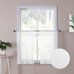 lot 46000488 image: Tollpiz Leaves Sheer Tier Curtain White Leaf Embroidery Kitchen Half Curtains Rod Pocket Voile Faux Linen Embroidered Leaves Curtain for Bathroom, 30 x 36 inches Long, Set of 2 Panels