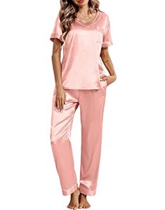 lot 46000490 image: Ekouaer Womens Satin Silky Pajama Set Short Sleeve Two Piece Nightwear Short Sleeve T Shirt with Long Pajama Set Pj Loungewear Dark Pink S
