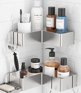 lot 46000531 image: Kitsure Corner Shower Caddy - 2 Pack Rustproof Shower Organizer, Durable Shower Shelves with Large Capacity, Drill-Free Adhesive Shower Rack with 4 Movable Hooks, a Soap Holder, Silver