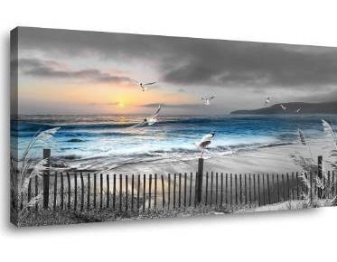 lot 7799 image: Beach Decor for Bedroom Seagulls Ocean Decor Sunset Beach Wall Art Dusk Wall Pictures for Beach Room Decor Sea Wall Art Home Office Paintings Canvas Wall Art Print Framed Railings Artwork 20x40