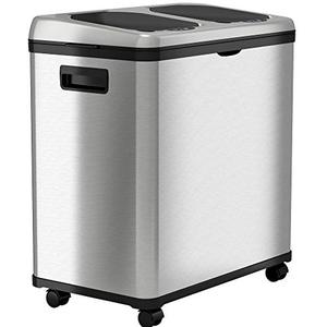 lot 2064 image: iTouchless Stainless Steel Dual-Compartment (8 Gallon Each) 60 Liter Kitchen Garbage Waste Solution 16 Gallon Touchless Sensor Trash CanRecycle Bin