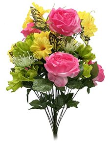 lot 2080 image: Admired By Nature ABN1B019-YW-MAG-BT Artificial Spring Flower Bush 24 Stem Open RoseCosmos Daisy Mix Bush, Yellow Magenta Beauty