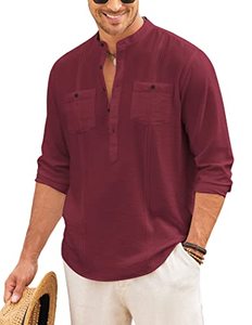 lot 2107 image: COOFANDY Mens Linen Henley Shirt Long Sleeve Casual Hippie Cotton Beach T Shirts Wine Red XXL