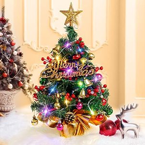 lot 2114 image: Sggvecsy 23 Tabletop Mini Christmas Tree Artificial Xmas Tree with 30 LED Lights Star Treetop Pine Cones Balls Bells Red Berries Hanging Ornaments Best DIY Christmas Holiday Indoor Decorations